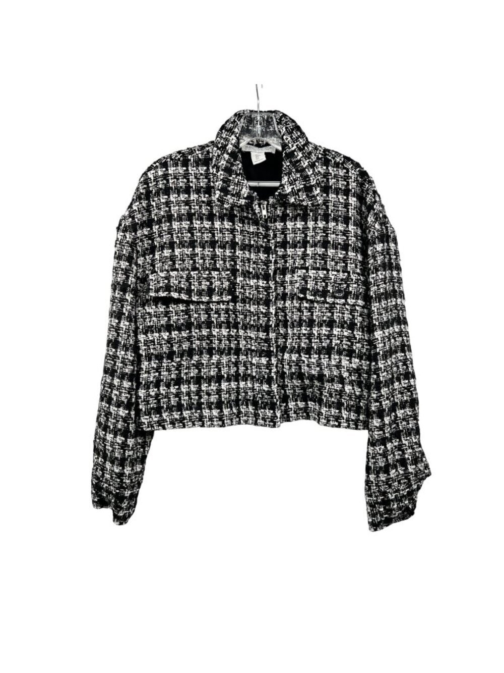 Rachel Zoe Cropped Blazer Black/White Tweed Full Zip Womens Large Pockets